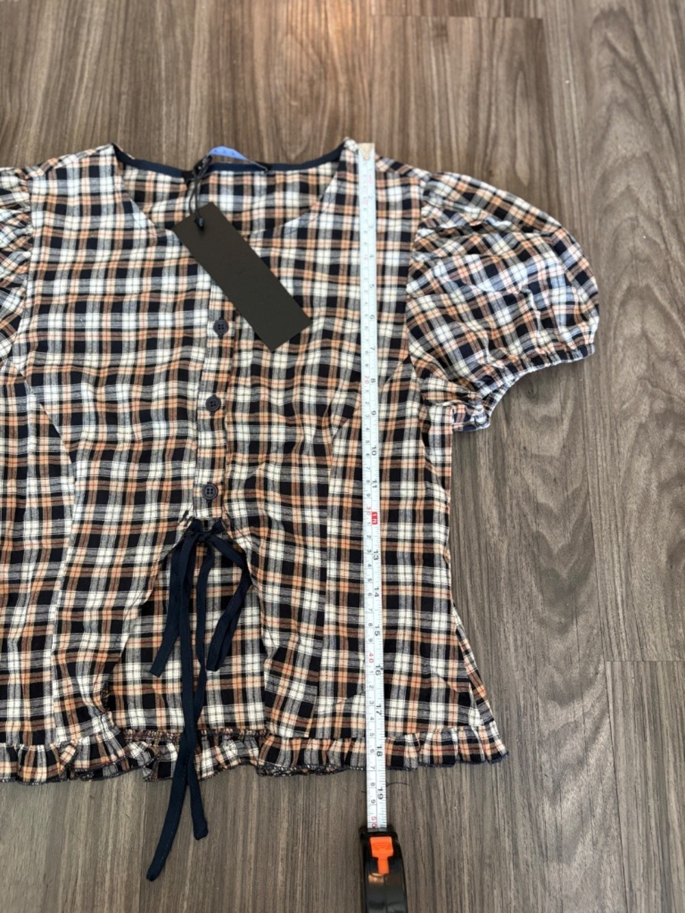 NEW LIONESS BARDOT TOP Beige and Tan Plaid Puff Sleeve Button and Tie Detail  XS - Picture 6 of 9